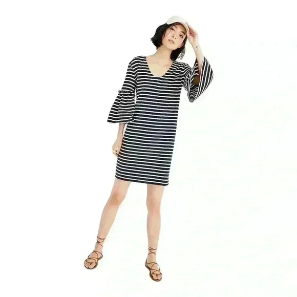 Madewell Navy Striped Ruffle-Sleeve Knee Length Dress Women’s Small - Picture 1 of 9